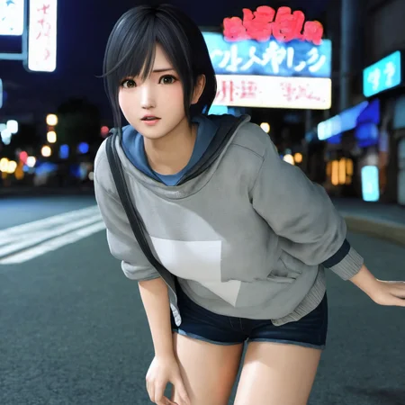 masterpiece, best quality, 1girl named nagisa, she is depicted in a sneaky pose, looking like she is about to steal something, wearing casual clothes, The setting is an urban street at night, dimly lit by streetlights, with shadows casting an air of mystery, The girl is glancing around cautiously, with a mischievous expression on her face, her body slightly hunched as if ready to grab something quickly, <lora:doaxvv_nagisa_v2-000012:0.7>