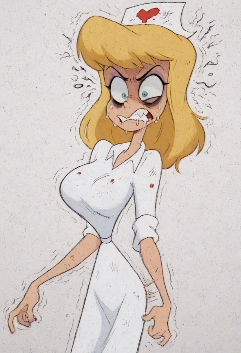 masterpiece, best quality, amazing quality, absurdres,(((((white background))))), (((hellonurse))), (((angry))), (((offended))),((((extremely heartbroken)))), blonde hair, teal eyes, (((1girl))), alone, big breasts,((((slim body))))),eyeshadow, twerking,nurse outfit, Heloise Nerz, hellonurse, dirty, detailed body, detailed face, highly detailed body, highly detailed face, dynamic pose, posing, ((((((angsty))))), (((((furious)))))), (((((submissive)))))), 1girl, dirty messed burnt blonde hair, wounds, hit herself, selfharm,terror,((((fear)))), wounds on face, wounds on body, extreme amount of wounds, wounds everywhere, (((((bags under eyes))))), bags under eyes, shiners, stupid, dumb, extremely stupid, extremely dumb, no brain, brain damage, stupid blonde, extremely stupid blonde, blue eyes, eye twitching, nervous eye twitching, extremely hard eye twitching, totally burnt hair, sexy, horny, flowing saliva, scared, in love, extremely dirty dress, hardly beaten fifty times, confused, humiliated face, depressed face, black eyes, extremely broken heart, wall eyes, shaggy hair,smashed mouth, crazy emotion, narrow waist
