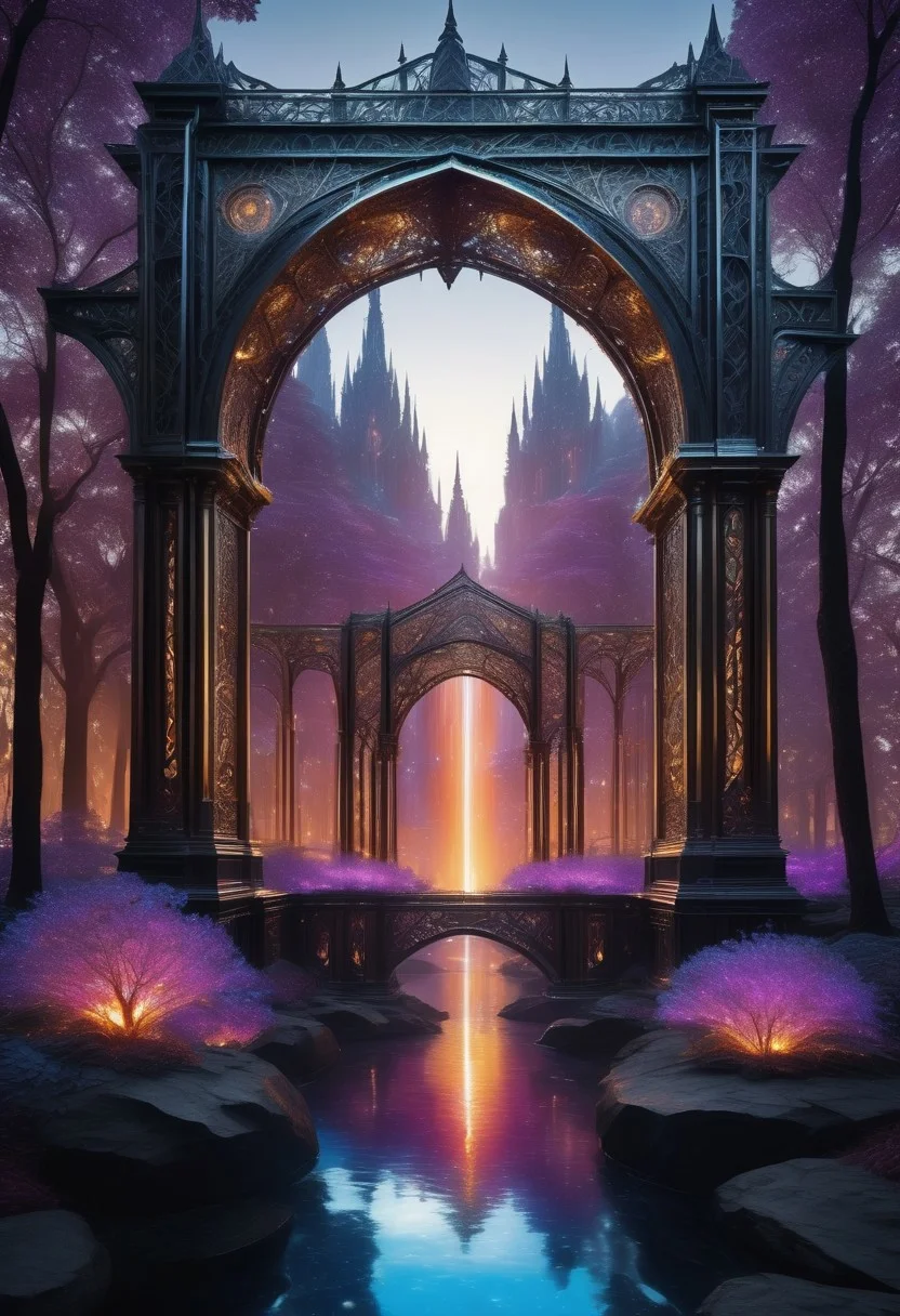 Masterpiece, best quality, ultra-detailed, 8K, cinematic lighting, volumetric lighting, perfect shadows, depth of field, stunning composition, hyperrealistic textures.
A colossal floating kingdom forged from dark, polished iron, suspended in a sky ablaze with swirling auroras of violet, magenta, and gold. Towering iron spires, engraved with intricate filigree, rise high, refracting ethereal light through their crystalline inlays. Massive bridges of ornately carved steel connect hovering islands, their surfaces adorned with glowing, bioluminescent veins of molten gold and silver. Waterfalls of liquid metal cascade in shimmering hues of electric blue and deep crimson, vanishing into the void below.
The air vibrates with raw energy as floating iron lanterns, glowing with fiery orange, sapphire, and amethyst light, drift through the endless sky. Archways of gleaming blackened steel, inlaid with shifting runes of cyan and ruby, pulse with mechanical brilliance. Endless fields of metallic flora, their silver and obsidian petals humming softly, sway in the celestial breeze. This radiant, mechanical world pulses with chromatic energy—an endless fusion of industrial might and cosmic wonder