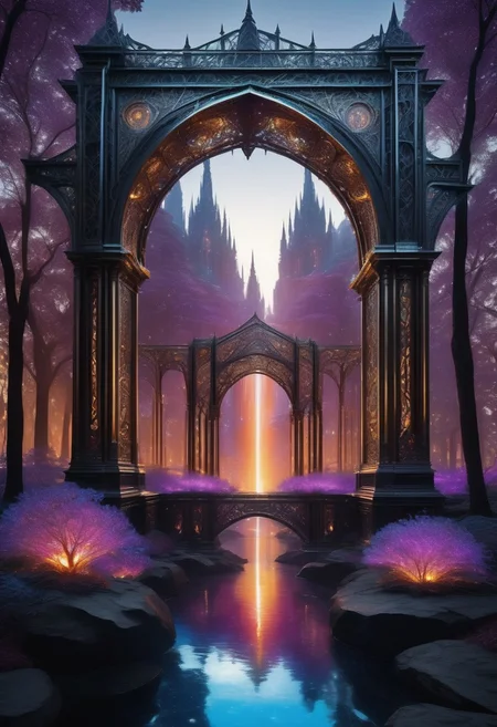 Masterpiece, best quality, ultra-detailed, 8K, cinematic lighting, volumetric lighting, perfect shadows, depth of field, stunning composition, hyperrealistic textures.
A colossal floating kingdom forged from dark, polished iron, suspended in a sky ablaze with swirling auroras of violet, magenta, and gold. Towering iron spires, engraved with intricate filigree, rise high, refracting ethereal light through their crystalline inlays. Massive bridges of ornately carved steel connect hovering islands, their surfaces adorned with glowing, bioluminescent veins of molten gold and silver. Waterfalls of liquid metal cascade in shimmering hues of electric blue and deep crimson, vanishing into the void below.
The air vibrates with raw energy as floating iron lanterns, glowing with fiery orange, sapphire, and amethyst light, drift through the endless sky. Archways of gleaming blackened steel, inlaid with shifting runes of cyan and ruby, pulse with mechanical brilliance. Endless fields of metallic flora, their silver and obsidian petals humming softly, sway in the celestial breeze. This radiant, mechanical world pulses with chromatic energy—an endless fusion of industrial might and cosmic wonder