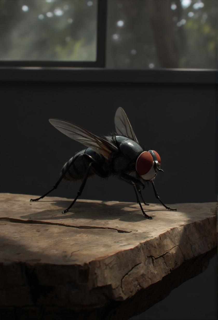 <lora:ck-LttleGhost-000011.safetensors:1> in the style of ck-lttlegh0st
In the heart of a quiet, sunlit room, a large, dark-colored housefly perches on a rough, textured brown surface. The fly, with its large, shiny crimson eye and small, outstretched wings, seems to be suspended in a moment of serene contemplation. The room is dim, save for a soft, diffused light that filters through a nearby window, casting gentle shadows and highlighting the intricate details of the fly's body. The background is a blurred, dark gray, isolating the fly and emphasizing its stark, minimalist presence.
The rough surface beneath the fly, perhaps a piece of aged wood or a stone countertop, is rich with texture. Each groove and line in the material is brought to life by the play of light and shadow, creating a tapestry of subtle contrasts. The fly's body, a study in darkness, is punctuated by the delicate, almost translucent wings, which seem to shimmer with a silvery hue under the soft illumination.
The fly's crimson eye, a striking feature, reflects the light in a way that suggests a depth beyond its tiny form. The gentle highlights on its surface, coupled with the soft shadows that underscore its contours, give the eye a lifelant, almost meditative quality. The legs, intricate and detailed, are finely etched with delicate hairs, each one contributing to the fly's sense of presence and stillness.
This moment, captured in slow motion, feels like a pause in time, where the interplay of light, texture, and form creates a profound sense of emotional intensity and reflection. The fly, a small yet significant player in this quiet scene, stands as a symbol of the intricate beauty found in the most unexpected places.