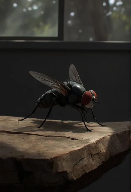<lora:ck-LttleGhost-000011.safetensors:1> in the style of ck-lttlegh0st
In the heart of a quiet, sunlit room, a large, dark-colored housefly perches on a rough, textured brown surface. The fly, with its large, shiny crimson eye and small, outstretched wings, seems to be suspended in a moment of serene contemplation. The room is dim, save for a soft, diffused light that filters through a nearby window, casting gentle shadows and highlighting the intricate details of the fly's body. The background is a blurred, dark gray, isolating the fly and emphasizing its stark, minimalist presence.
The rough surface beneath the fly, perhaps a piece of aged wood or a stone countertop, is rich with texture. Each groove and line in the material is brought to life by the play of light and shadow, creating a tapestry of subtle contrasts. The fly's body, a study in darkness, is punctuated by the delicate, almost translucent wings, which seem to shimmer with a silvery hue under the soft illumination.
The fly's crimson eye, a striking feature, reflects the light in a way that suggests a depth beyond its tiny form. The gentle highlights on its surface, coupled with the soft shadows that underscore its contours, give the eye a lifelant, almost meditative quality. The legs, intricate and detailed, are finely etched with delicate hairs, each one contributing to the fly's sense of presence and stillness.
This moment, captured in slow motion, feels like a pause in time, where the interplay of light, texture, and form creates a profound sense of emotional intensity and reflection. The fly, a small yet significant player in this quiet scene, stands as a symbol of the intricate beauty found in the most unexpected places.