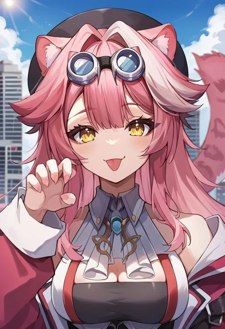 score_9, score_8_up, score_7_up, source_anime, 1girl, outdoors, city, day, sun,
BREAK ,
animal ears, tail, yellow eyes, streaked hair, multicolored hair, goggles, hat, smile, raora_main, open jacket, off shoulder, thigh straps, thighhighs, upper body, smile, paw pose, close up, :p, tongue,