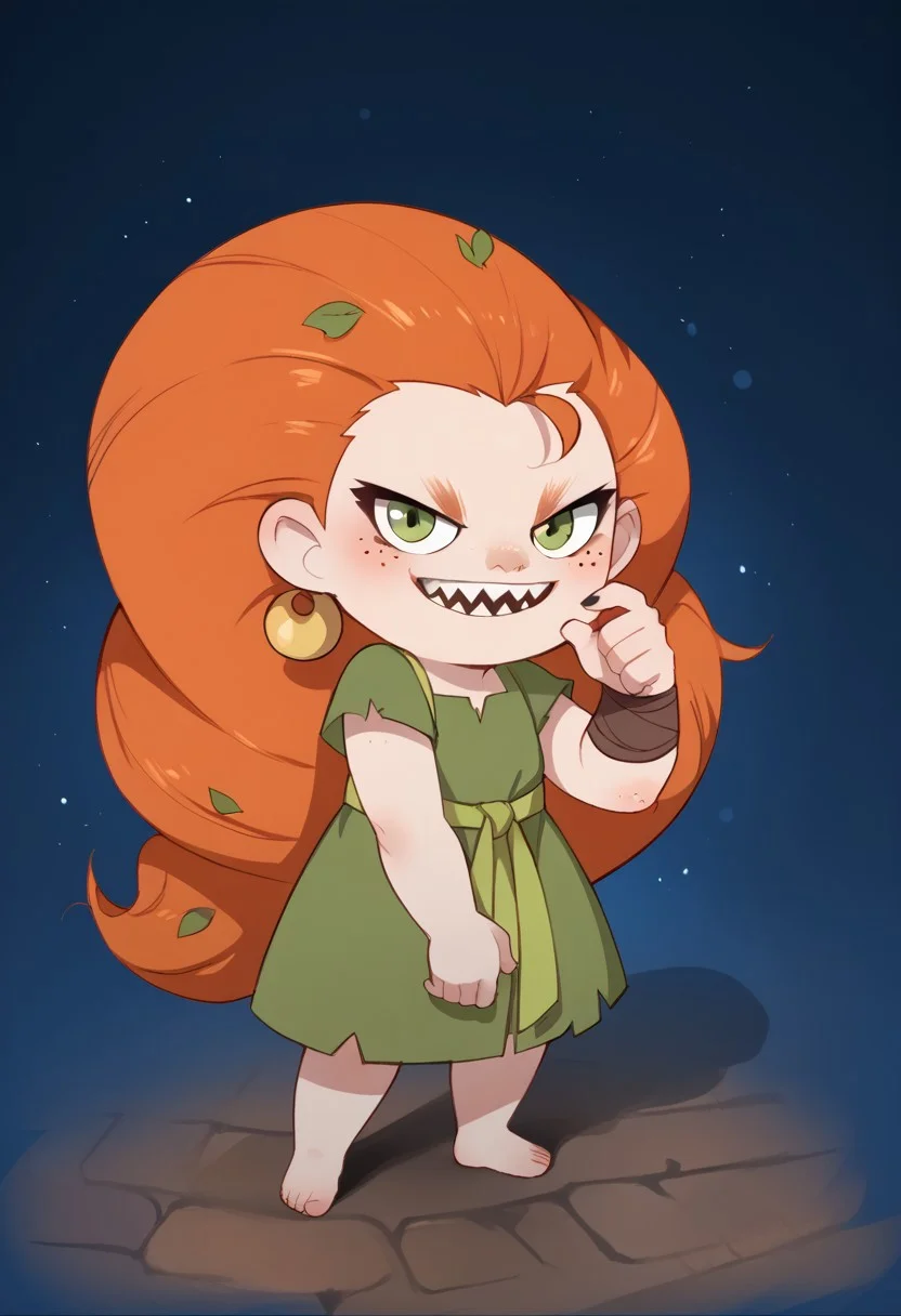 score_9, score_8_up, score_7_up, high quality, solo, mebh, orange hair, long hair, green eyes, freckles, sharp teeth, antiBlurV2,