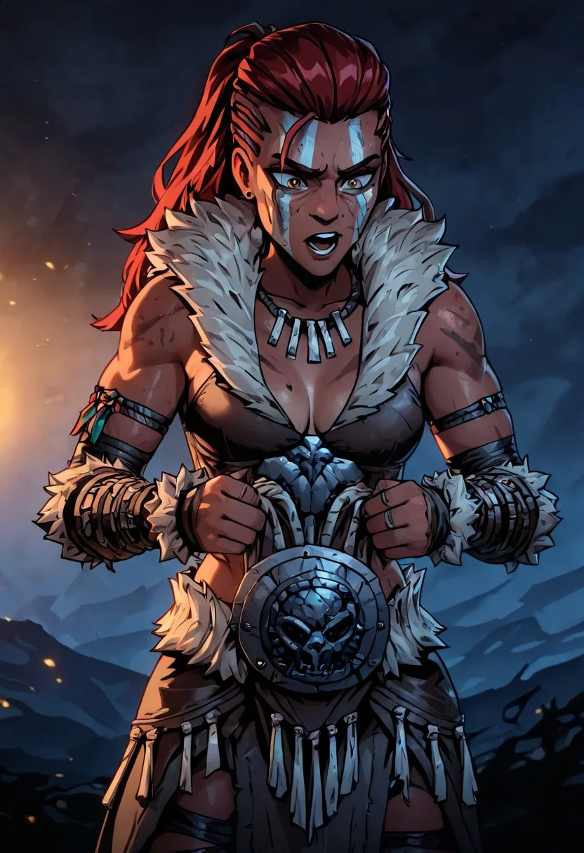 masterpiece, best quality, newest, absurdres, highres, anime, anime style,
1girl, solo, solo focus, HellionDD-Il.V1.0, jewelry, necklace, red hair, armor, leather armor, fur coat, red hair, tribal, clevage, flex, felsing, muscules,
