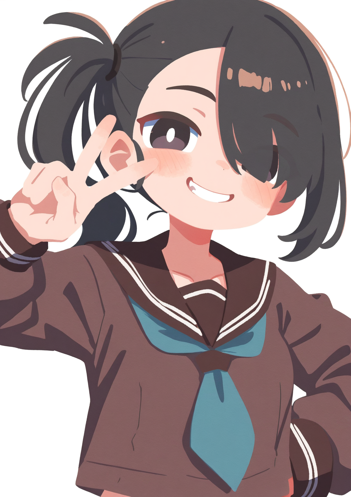 masterpiece, best quality, very aesthetic BREAK no lineart, 1girl, solo, brown serafuku, black hair, black eyes, hair over one eye, side ponytail, smirk, peace sign, v, upper body, small breasts, bright pupils
 <lora:noob05-shunsuke-unet only-feb25v4-step00002464:1>