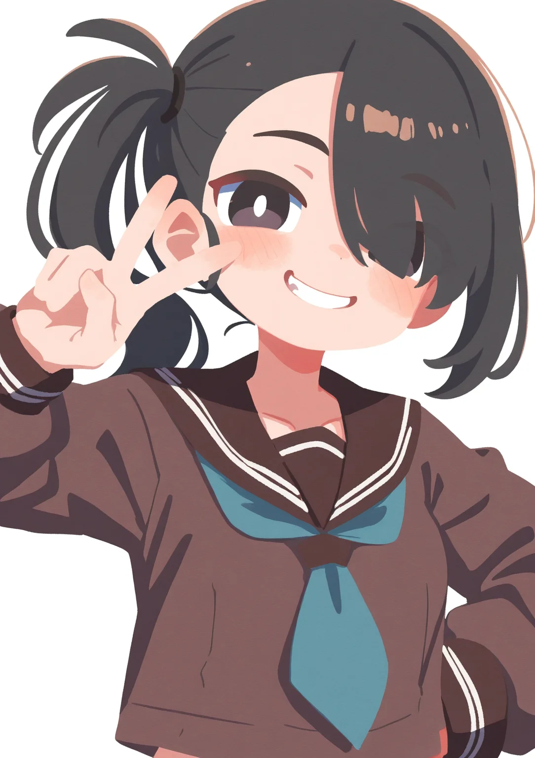 masterpiece, best quality, very aesthetic BREAK no lineart, 1girl, solo, brown serafuku, black hair, black eyes, hair over one eye, side ponytail, smirk, peace sign, v, upper body, small breasts, bright pupils
<lora:noob05-shunsuke-unet only-feb25v4-step00002464:1>