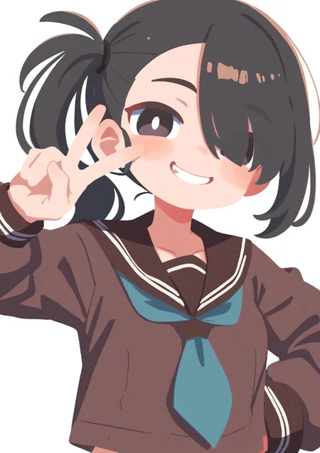 masterpiece, best quality, very aesthetic BREAK no lineart, 1girl, solo, brown serafuku, black hair, black eyes, hair over one eye, side ponytail, smirk, peace sign, v, upper body, small breasts, bright pupils
<lora:noob05-shunsuke-unet only-feb25v4-step00002464:1>