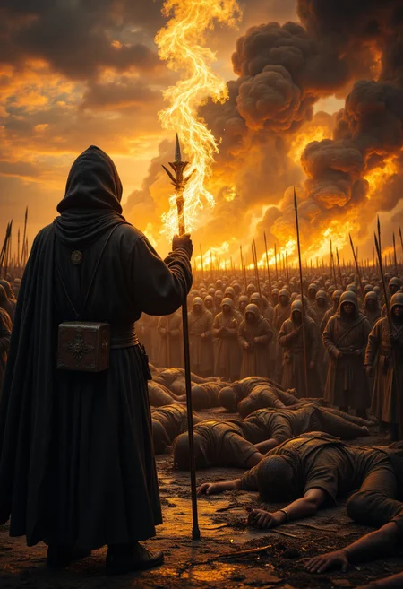 "A hooded cleric stands at the edge of a battlefield, his glowing staff pulsing with healing light. Wounded soldiers crawl toward him, their eyes filled with desperation. He raises his hand, chanting a divine hymn as golden energy washes over the fallen, pulling them back from the brink of death."
, aidmamjv7, aidmaHyperrealism, aidmaimageupgrader