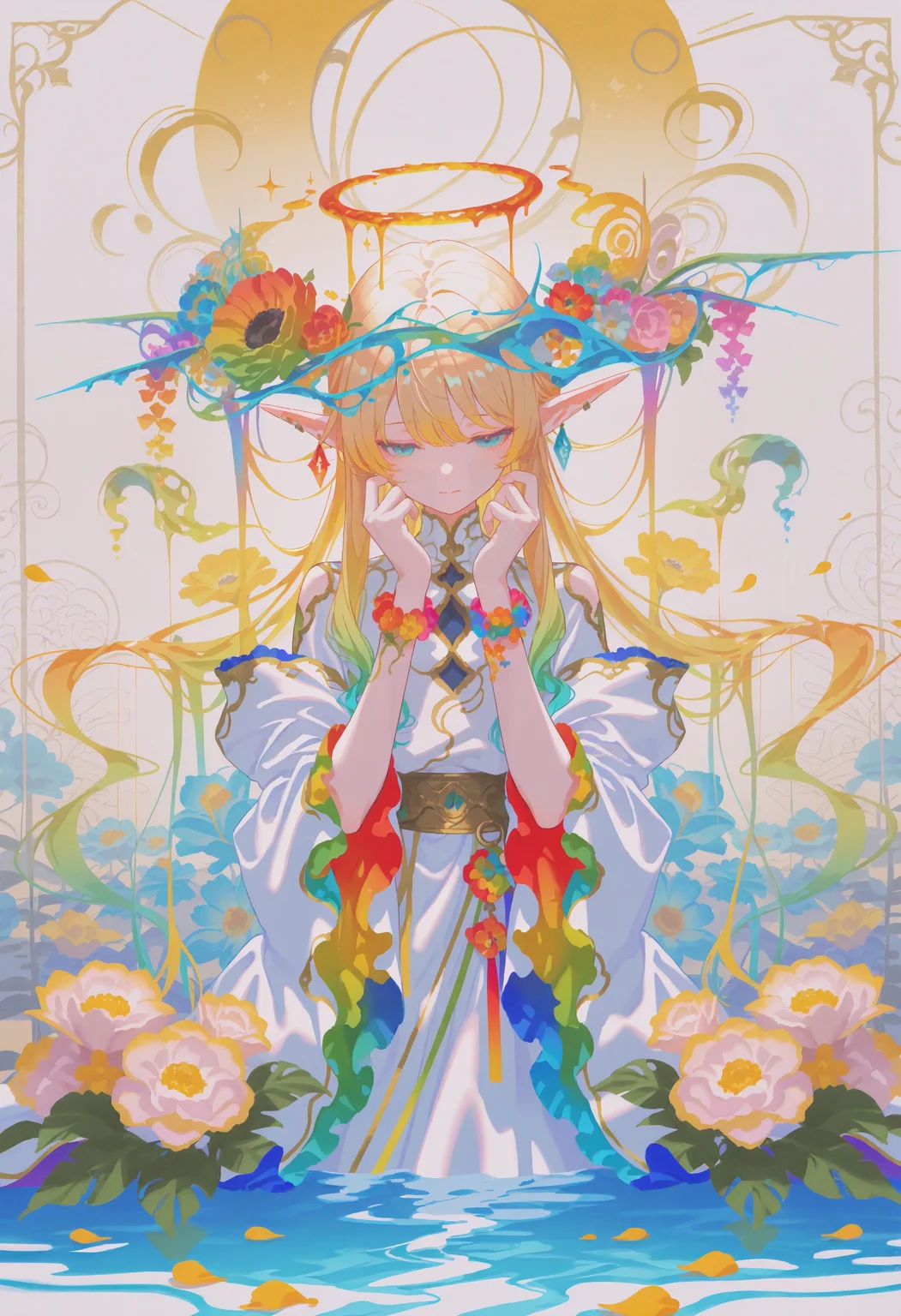 (masterpiece, gradient, recent, good_quality, high_quality, newest, very aesthetic, vibrant_background, abstract_background, colorful, surreal, anime_coloring:1, vectortrace:1, flat_colors:1)
(BV-Illu, 1girl, long_hair, blonde_hair, flower, flower_bracelet, elf_ears, halo, hair_ornament, earrings, colorful, gradient_hair, looking_down, multicolored, petals, floral_background, water, surreal, fantasy, ornate_costume, detailed_background, hands_up, soft_lighting, watercolor_(style), wide_sleeves)