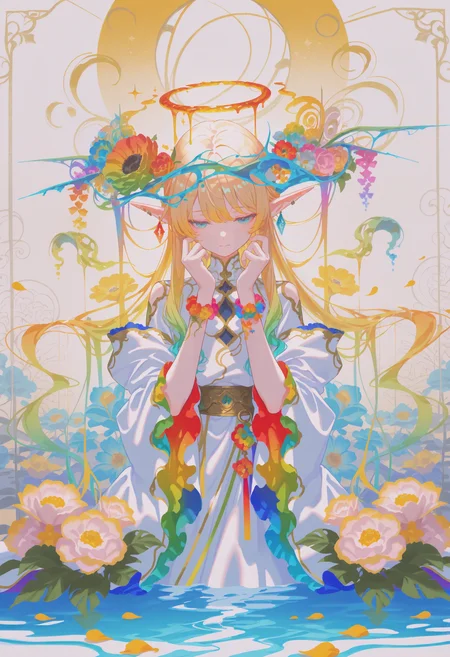 (masterpiece, gradient, recent, good_quality, high_quality, newest, very aesthetic, vibrant_background, abstract_background, colorful, surreal, anime_coloring:1, vectortrace:1, flat_colors:1)
(BV-Illu, 1girl, long_hair, blonde_hair, flower, flower_bracelet, elf_ears, halo, hair_ornament, earrings, colorful, gradient_hair, looking_down, multicolored, petals, floral_background, water, surreal, fantasy, ornate_costume, detailed_background, hands_up, soft_lighting, watercolor_(style), wide_sleeves)