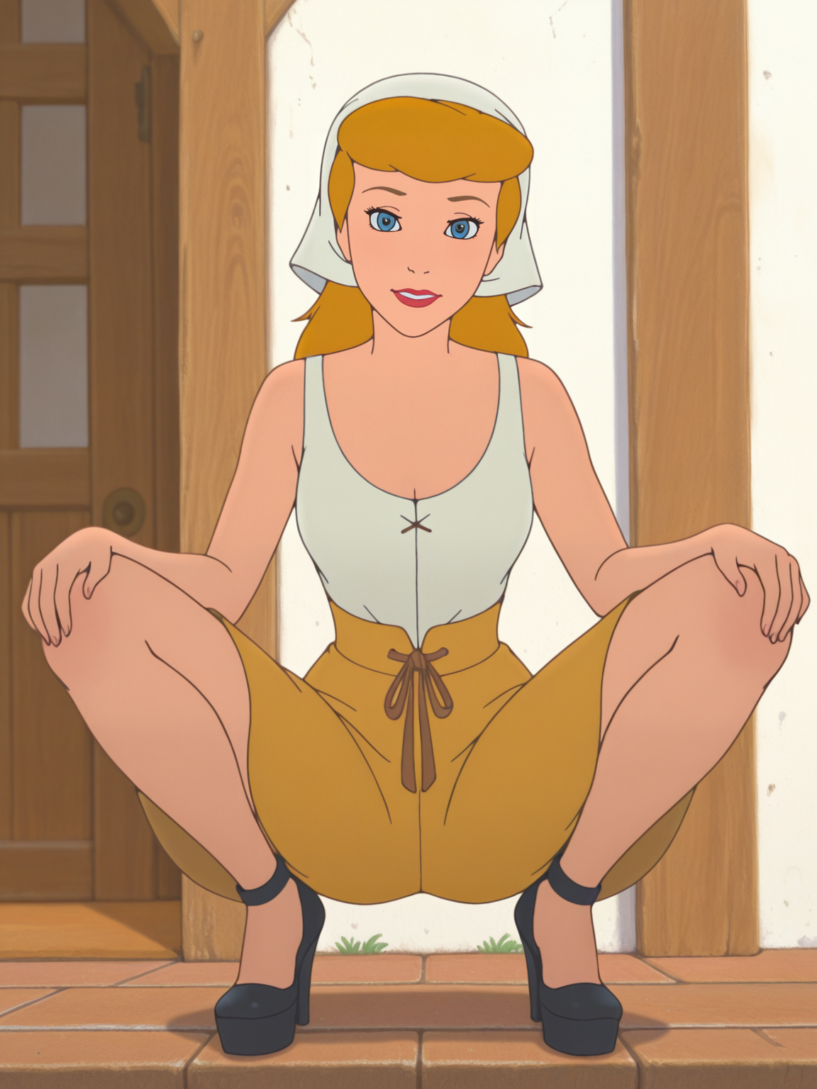 <lora:SinderellaIL:0.9>  si_la, 1girl, fair skin, pink lips, blue eyes, golden blonde hair, medium-length hair, bangs,white kerchief,
looking at viewer, squatting, front view, spreading legs, platform high heels