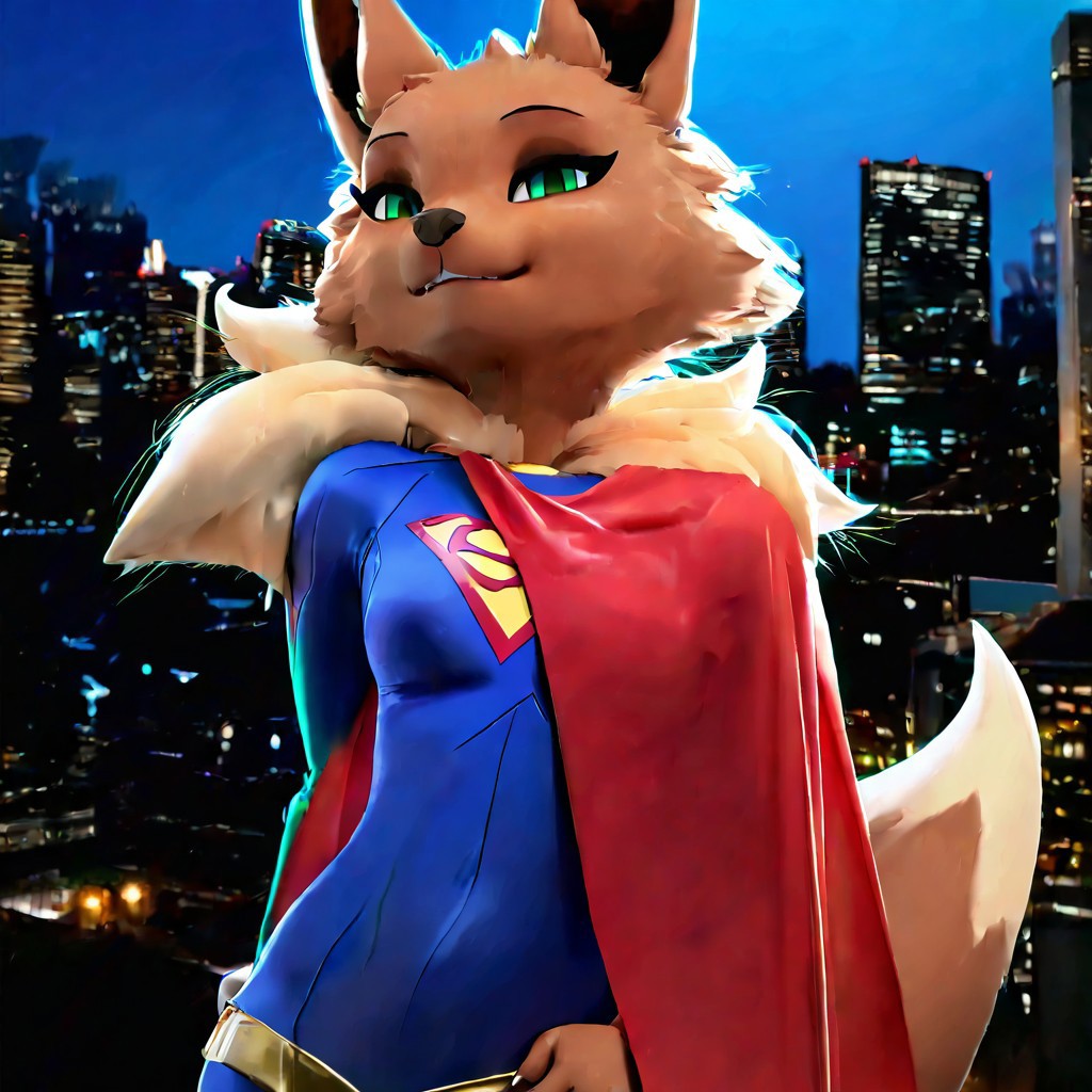 (masterpiece, best quality, very aesthetic, absurdres:1.2), 1girl, solo,furry, Eevee_\(Pokemon\), furry female, anthro female, Emerald Green Eyes,Beige Neck Fur,Brown Fur,Bushy tail,Pointy Ears,Brown Ear Insides, smile, looking at viewer, supergirl,bodysuit,superheroine, fullbody, outdoors, city