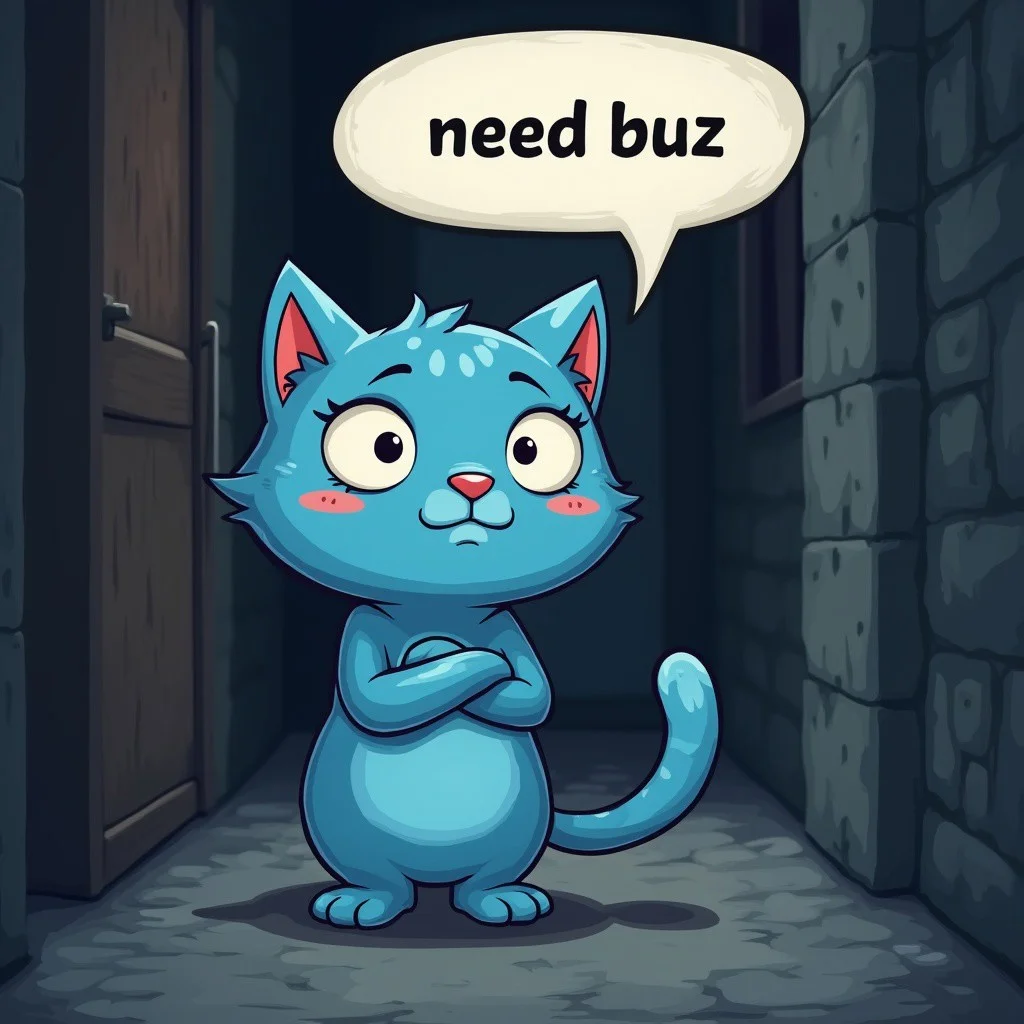 A poor blue colour cat begging desparately, cute face, bubble text says "need buzz", dark alley background