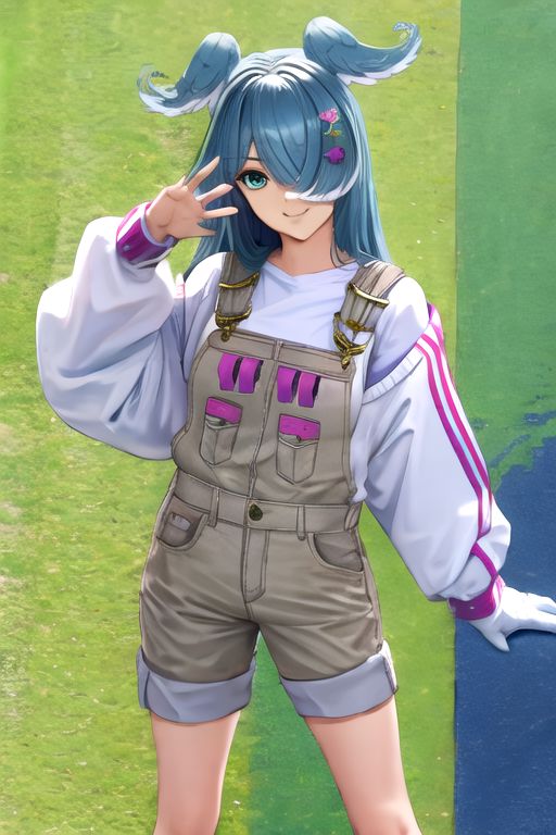 solo_focus, 1girl, (((masterpiece))), ((best quality)), ((ultra-detailed)), high resolution, absurdres, highres, ultra-detailed 8k unity wallpaper, 
elira1st, long sleeves, overalls, white sweater, off shoulder, grey gloves, one eye covered, overall shorts,