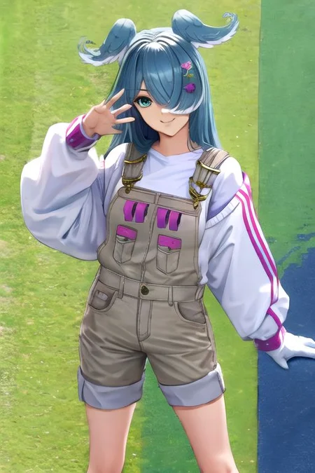 solo_focus, 1girl, (((masterpiece))), ((best quality)), ((ultra-detailed)), high resolution, absurdres, highres, ultra-detailed 8k unity wallpaper,
elira1st, long sleeves, overalls, white sweater, off shoulder, grey gloves, one eye covered, overall shorts,