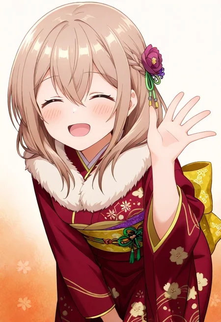 masterpiece, best quality, absurdres, very aesthetic, general,
katase shiori, 1girl, japanese clothes, kimono, closed eyes, solo, blush, open mouth, smile, hair flower, floral print, sash, obi, red kimono, long hair, leaning forward, wide sleeves, :d, gradient background, french braid, long sleeves, fur collar, light brown hair, bent over, ^ ^, eyebrows visible through hair, arm up, print kimono, brown hair, fur trim, blonde hair, hair ribbon, hair between eyes, simple background, furisode, standing, fur-trimmed kimono, green ribbon, pink background, purple flower, white background, pink flower, grey hair, waving, happy, half updo, silver hair, yellow sash, braided bangs, shiny hair, hand between legs, green bow, shiny, hand up, reaching, back bow, ^o^, sidelocks, orange background, yellow bow 
<lora:katase_shiori_illustXL_locon_v1:0.7>