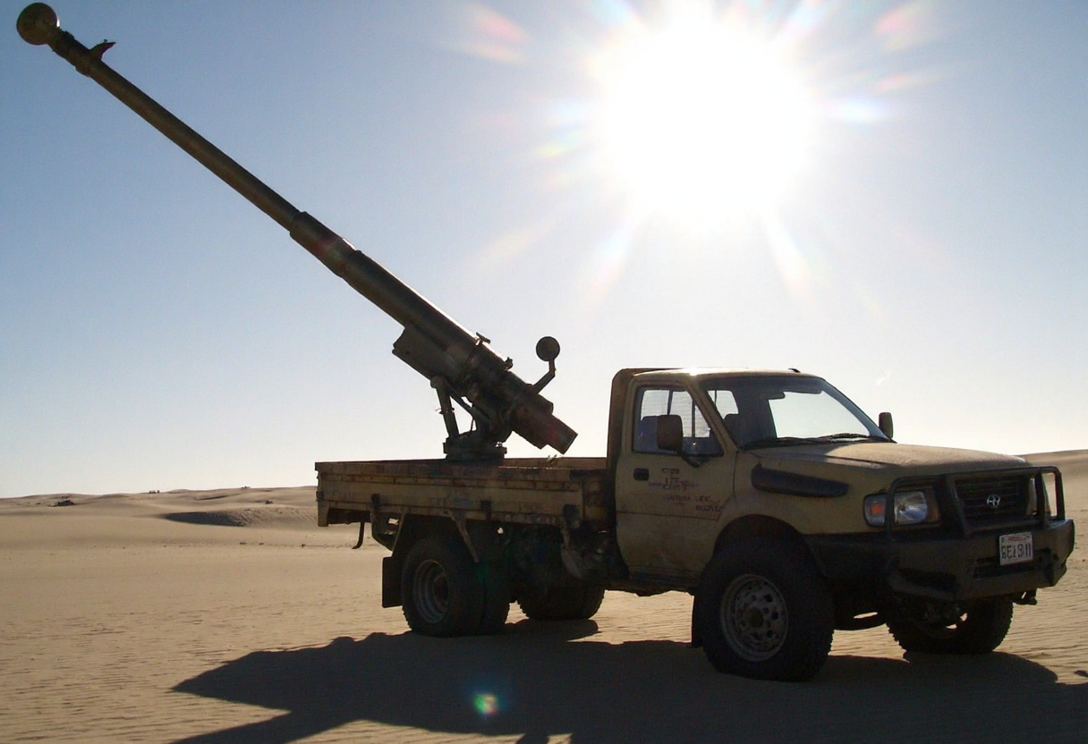 d1g1cam, Brown rusty 1990s Toyota Hilux pickup in the desert with a 155mm howitzer mounted in the bed and turned upward, bright sun casts lens flares, overexposed highlights, harsh shadows stretching across the sand.