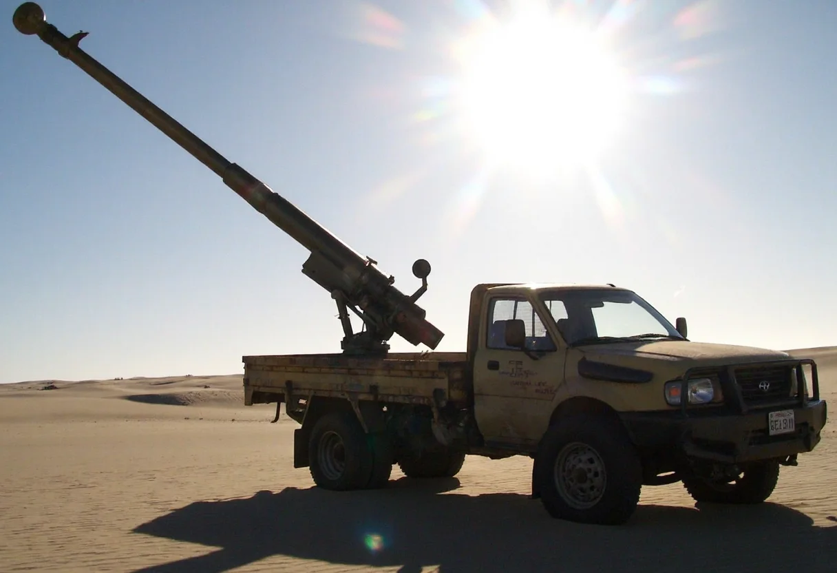 d1g1cam, Brown rusty 1990s Toyota Hilux pickup in the desert with a 155mm howitzer mounted in the bed and turned upward, bright sun casts lens flares, overexposed highlights, harsh shadows stretching across the sand.