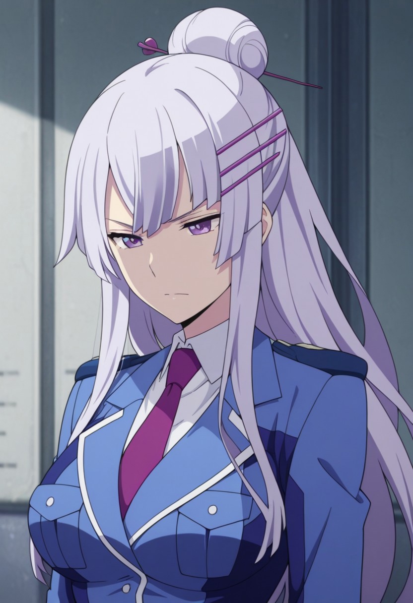 masterpiece,best quality,amazing quality, source_anime, 
Froleytia, 1girl, solo, purple eyes, purple hair, long hair, hair ornament, single hair bun, hair stick, uniform, shirt, white shirt, collared shirt, necktie, purple necktie, jacket, blue jacket, 
indoor,