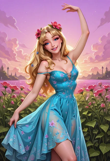 DisneyAurora, 1girl, blonde hair, blue eyes, solo, POH-Illu, flowers, hair flowers, hair ornament,
fae, fairy, playful, sexy, teasing, dancing, in a garden, sunshine, puffy clouds, hazy sunshine,
slender,
intricate sundress, festival dress,
slender hips, tiny waist, 
strap slip, cleavage, small breasts,
masterpiece, best quality, newest, absurdres, highres, very awa
