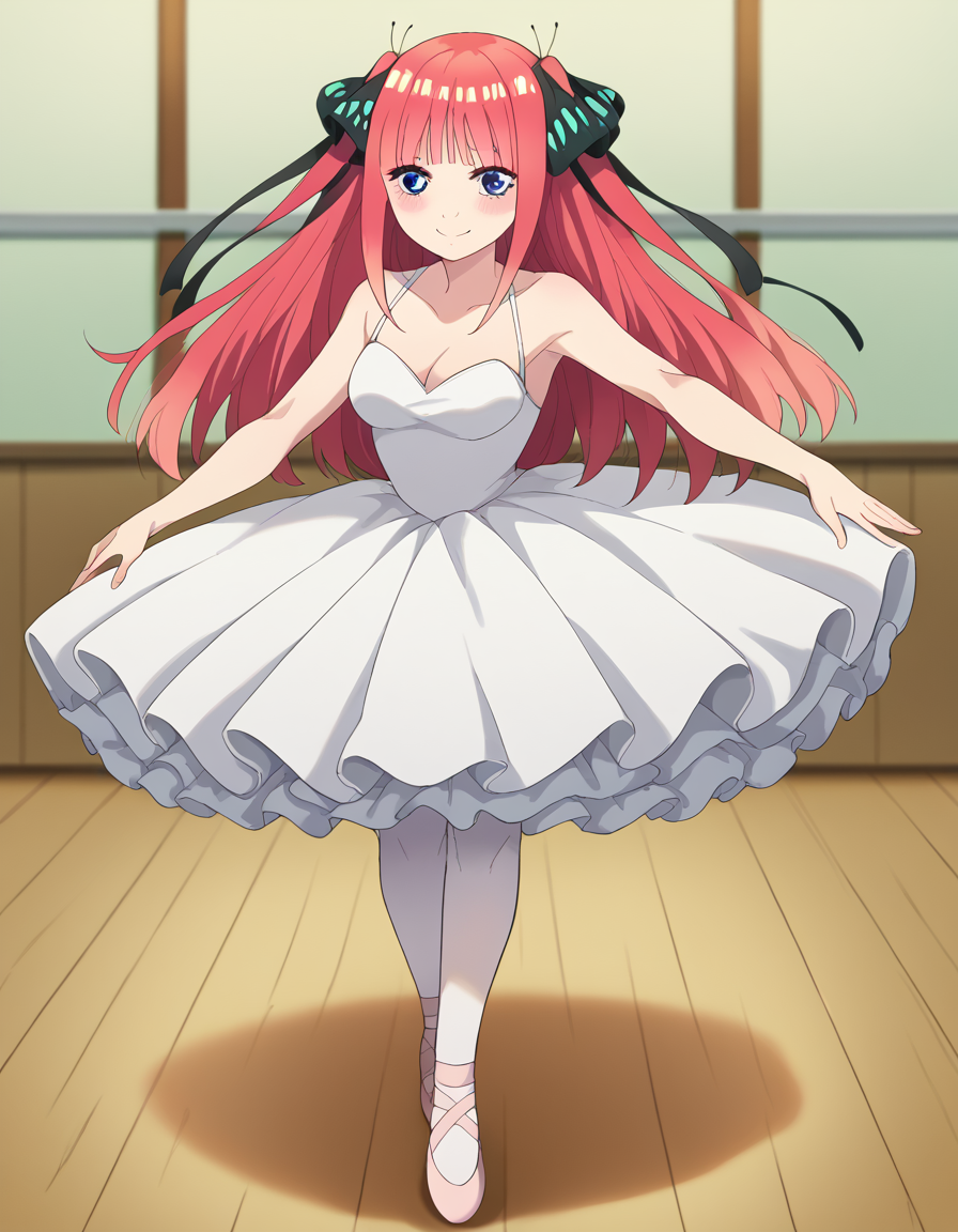score_9, score_8_up, score_7_up, source_anime, ninonakano, <lora:nino-nakano-s2-ponyxl-lora-nochekaiser:1>, nino nakano, long hair, bangs, blue eyes, hair ornament, hair ribbon, pink hair, blunt bangs, two side up, butterfly hair ornament, mature female,, <lora:tutu-ponyxl-lora-nochekaiser:1>, tutu, ballerina, ballet, ballet slippers, white pantyhose,, indoors, dancing, smile, blush,, full body, dutch angle, looking at viewer,