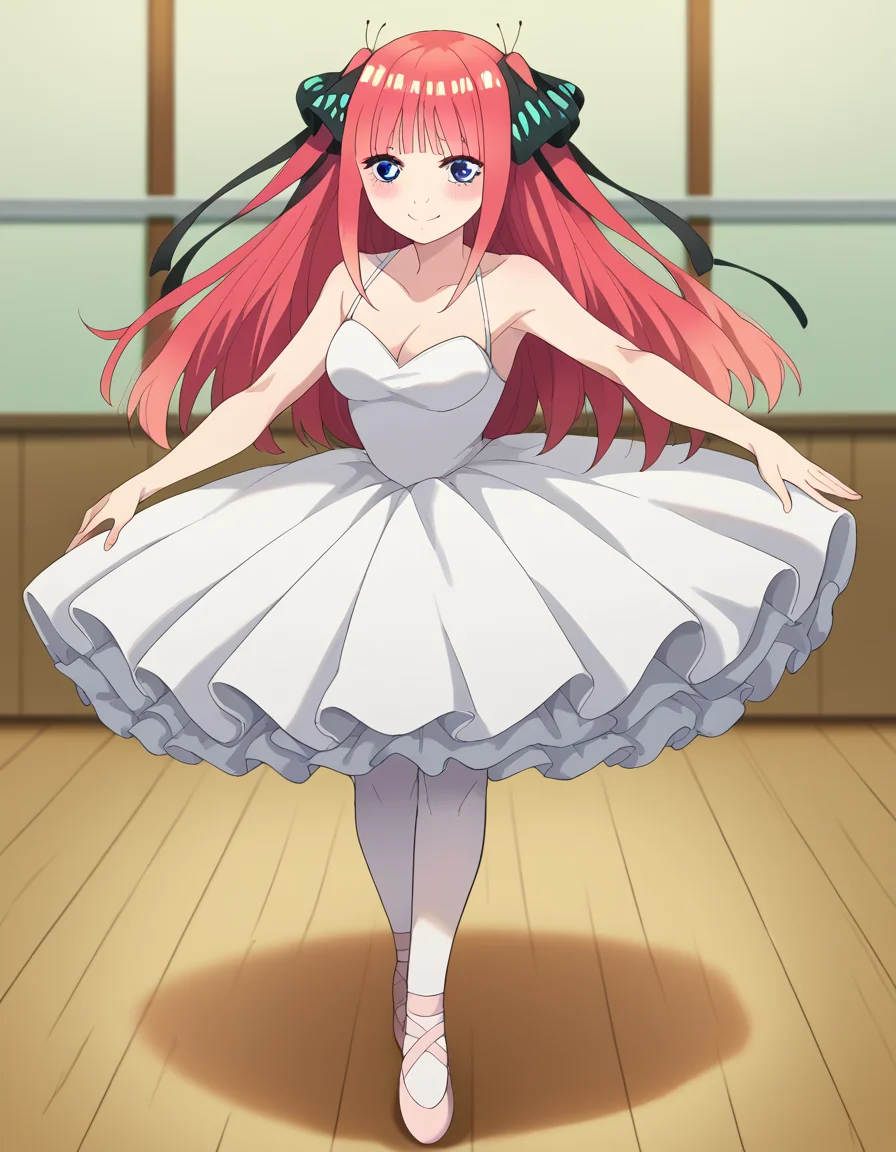 score_9, score_8_up, score_7_up, source_anime, ninonakano, <lora:nino-nakano-s2-ponyxl-lora-nochekaiser:1>, nino nakano, long hair, bangs, blue eyes, hair ornament, hair ribbon, pink hair, blunt bangs, two side up, butterfly hair ornament, mature female,, <lora:tutu-ponyxl-lora-nochekaiser:1>, tutu, ballerina, ballet, ballet slippers, white pantyhose,, indoors, dancing, smile, blush,, full body, dutch angle, looking at viewer,