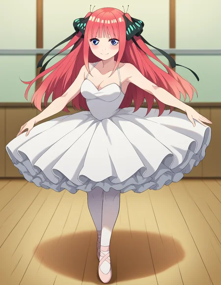 score_9, score_8_up, score_7_up, source_anime, ninonakano, <lora:nino-nakano-s2-ponyxl-lora-nochekaiser:1>, nino nakano, long hair, bangs, blue eyes, hair ornament, hair ribbon, pink hair, blunt bangs, two side up, butterfly hair ornament, mature female,, <lora:tutu-ponyxl-lora-nochekaiser:1>, tutu, ballerina, ballet, ballet slippers, white pantyhose,, indoors, dancing, smile, blush,, full body, dutch angle, looking at viewer,