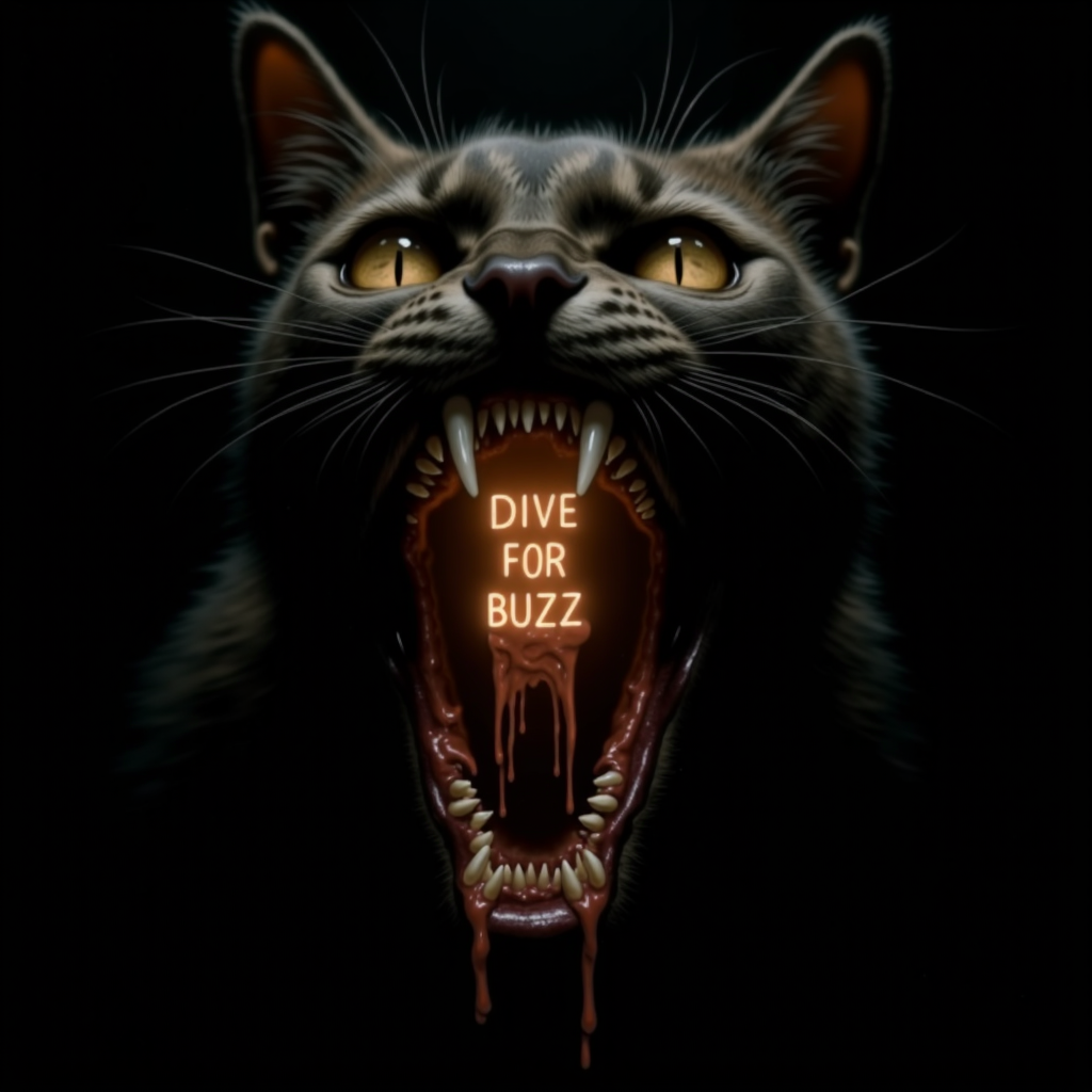(horror theme, hyper-realistic, cinematic lighting, eerie atmosphere, extreme close-up, monstrous cat, unsettling details) A horrifying cat with an impossibly wide-open mouth dominates the frame, its fanged maw stretched to unnatural proportions. The interior of its mouth glows faintly, illuminating jagged teeth and a grotesque, cavernous throat. Etched into the glowing flesh inside its mouth is the text "DIVE FOR BUZZ," written in an ominous, dripping font that seems to pulse with otherworldly energy.

The cat’s eyes are wide and bloodshot, filled with a mix of madness and predatory hunger, exuding pure terror. Its fur appears matted and patchy, revealing raw, leathery skin beneath in places, while saliva drips from its razor-sharp teeth, catching the dim light like viscous strands of liquid horror.

Surrounding the creature is a dark, moody environment—a void-like space where shadows stretch and writhe as if alive, amplifying the sense of dread. Cinematic lighting highlights every grotesque detail: the twitching whiskers, the quivering gums, and the unnatural elasticity of its jaw. This surreal blend of cuteness warped into nightmare fuel creates an unsettling contrast, evoking both fascination and fear.