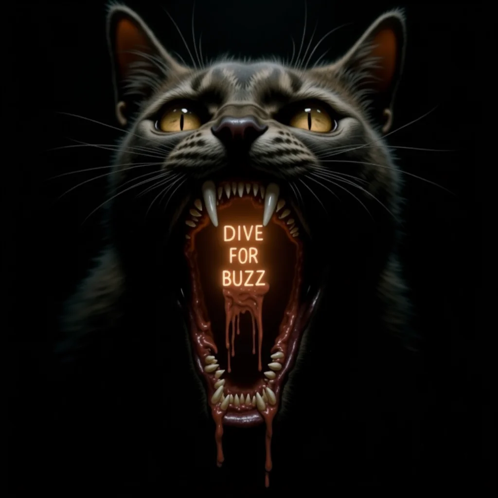 (horror theme, hyper-realistic, cinematic lighting, eerie atmosphere, extreme close-up, monstrous cat, unsettling details) A horrifying cat with an impossibly wide-open mouth dominates the frame, its fanged maw stretched to unnatural proportions. The interior of its mouth glows faintly, illuminating jagged teeth and a grotesque, cavernous throat. Etched into the glowing flesh inside its mouth is the text "DIVE FOR BUZZ," written in an ominous, dripping font that seems to pulse with otherworldly energy.
The cat’s eyes are wide and bloodshot, filled with a mix of madness and predatory hunger, exuding pure terror. Its fur appears matted and patchy, revealing raw, leathery skin beneath in places, while saliva drips from its razor-sharp teeth, catching the dim light like viscous strands of liquid horror.
Surrounding the creature is a dark, moody environment—a void-like space where shadows stretch and writhe as if alive, amplifying the sense of dread. Cinematic lighting highlights every grotesque detail: the twitching whiskers, the quivering gums, and the unnatural elasticity of its jaw. This surreal blend of cuteness warped into nightmare fuel creates an unsettling contrast, evoking both fascination and fear.