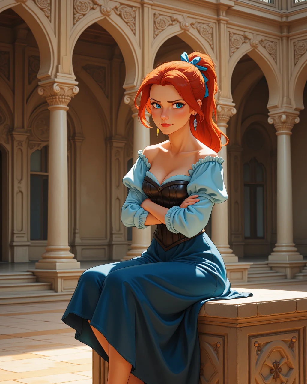 photorealistic photo in a wide shot, looking at viewer, outdoors daylight, 20 year old woman, Impatient with a tapping foot, arms crossed, and an annoyed scowl.
<lora:Disney_-_Ariel_v2-000030:1> d-ariel a 20 year old adult woman with blue eyes and red hair.
a young woman with bright red hair tied back with a blue ribbon, wearing a sky-blue off-shoulder blouse with puffy sleeves, a black corset bodice, and a deep blue full skirt, barefoot,
A woman sits on a stone bench in a tranquil courtyard, gazing up at the intricate designs of the surrounding architecture while enjoying the warmth of the sun.