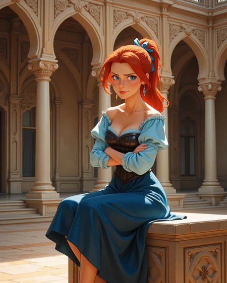 photorealistic photo in a wide shot, looking at viewer, outdoors daylight, 20 year old woman, Impatient with a tapping foot, arms crossed, and an annoyed scowl.
<lora:Disney_-_Ariel_v2-000030:1> d-ariel a 20 year old adult woman with blue eyes and red hair.
a young woman with bright red hair tied back with a blue ribbon, wearing a sky-blue off-shoulder blouse with puffy sleeves, a black corset bodice, and a deep blue full skirt, barefoot,
A woman sits on a stone bench in a tranquil courtyard, gazing up at the intricate designs of the surrounding architecture while enjoying the warmth of the sun.