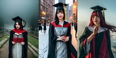 highly insanely detailed, masterpiece, top quality, best quality, highres, 4k, 8k, RAW photo, (very aesthetic, beautiful and aesthetic),
__lazy-wildcards/subject/costume/graduation_robe/prompts__,
<lora:gradgown:1>,
(1girl:1.3), solo focus,
(__lazy-wildcards/char/haircolor__),
__lazy-wildcards/dataset/background__,
__lazy-wildcards/subject/moment/random/prompts__âââ