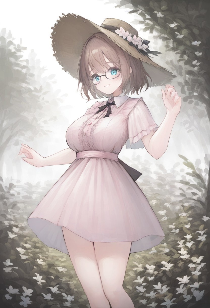 safe_pos, score_9, score_8_up, score_7_up,
masterpiece, best quality, detailed, amazing quality,
detailed background, garden, flowers,
dynamic pose,
detailed face, detailed eyes, clean eyes,
solo, 1girl, woman, short hair, brown hair, messy hair, blue eyes, curvy, wide hips, big breasts, cute,
dress, frilly, pink dress, bow, smile, round glasses, sunhat, frilly dress,