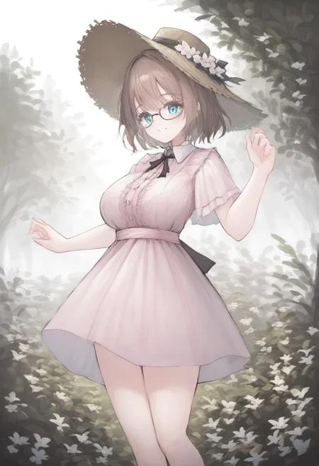 safe_pos, score_9, score_8_up, score_7_up,
masterpiece, best quality, detailed, amazing quality,
detailed background, garden, flowers,
dynamic pose,
detailed face, detailed eyes, clean eyes,
solo, 1girl, woman, short hair, brown hair, messy hair, blue eyes, curvy, wide hips, big breasts, cute,
dress, frilly, pink dress, bow, smile, round glasses, sunhat, frilly dress,