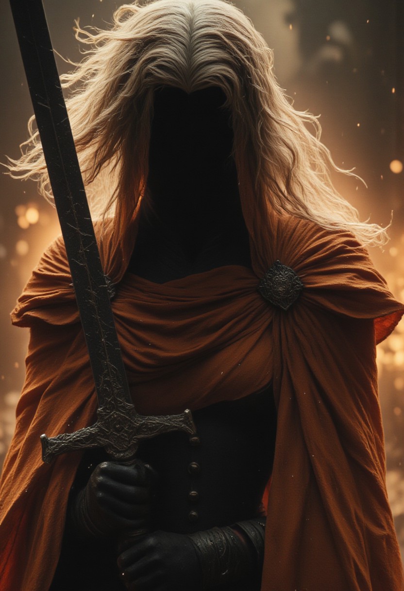 Realistic high Quality analog Photo, atmospheric lighting, volumetric lighting, extreme hkevil face closeup movie portrait, FredFraiStyle long haired shrouded Silhouette of a buxom charming evil Knightess with towering billowing Hair and bleaked orange White Cape, Standing Battle ready with powerful thin Long sword, pastel Red beige Gradient, Highly detailed photorealistic close-up action scene of a knight in intricately patterned armor. The focus is on the knight’s sword, showcasing the deep black of light that trails with the swift motion of the weapon, capturing the dynamic speed of the fighter. The scene is set in a misty, fog-filled night with a vibrant color palette with deep blacks. The background is hazy, while motion streaks and dynamic lighting enhance the sense of speed and intensity, with the knight’s glow piercing through the mist.