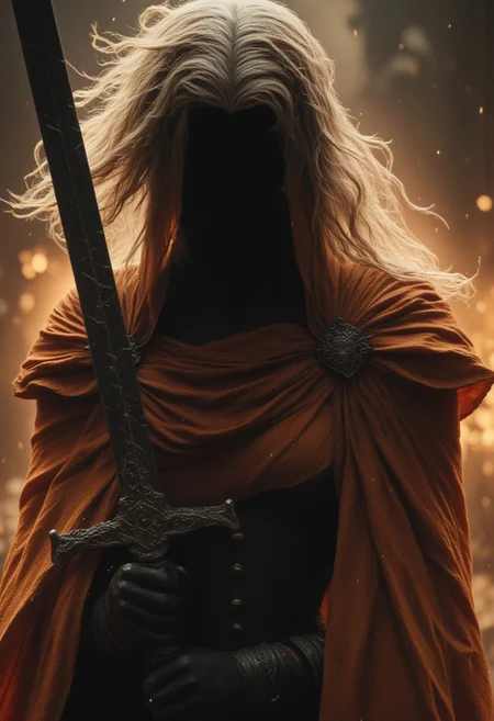 Realistic high Quality analog Photo, atmospheric lighting, volumetric lighting, extreme hkevil face closeup movie portrait, FredFraiStyle long haired shrouded Silhouette of a buxom charming evil Knightess with towering billowing Hair and bleaked orange White Cape, Standing Battle ready with powerful thin Long sword, pastel Red beige Gradient, Highly detailed photorealistic close-up action scene of a knight in intricately patterned armor. The focus is on the knight’s sword, showcasing the deep black of light that trails with the swift motion of the weapon, capturing the dynamic speed of the fighter. The scene is set in a misty, fog-filled night with a vibrant color palette with deep blacks. The background is hazy, while motion streaks and dynamic lighting enhance the sense of speed and intensity, with the knight’s glow piercing through the mist.