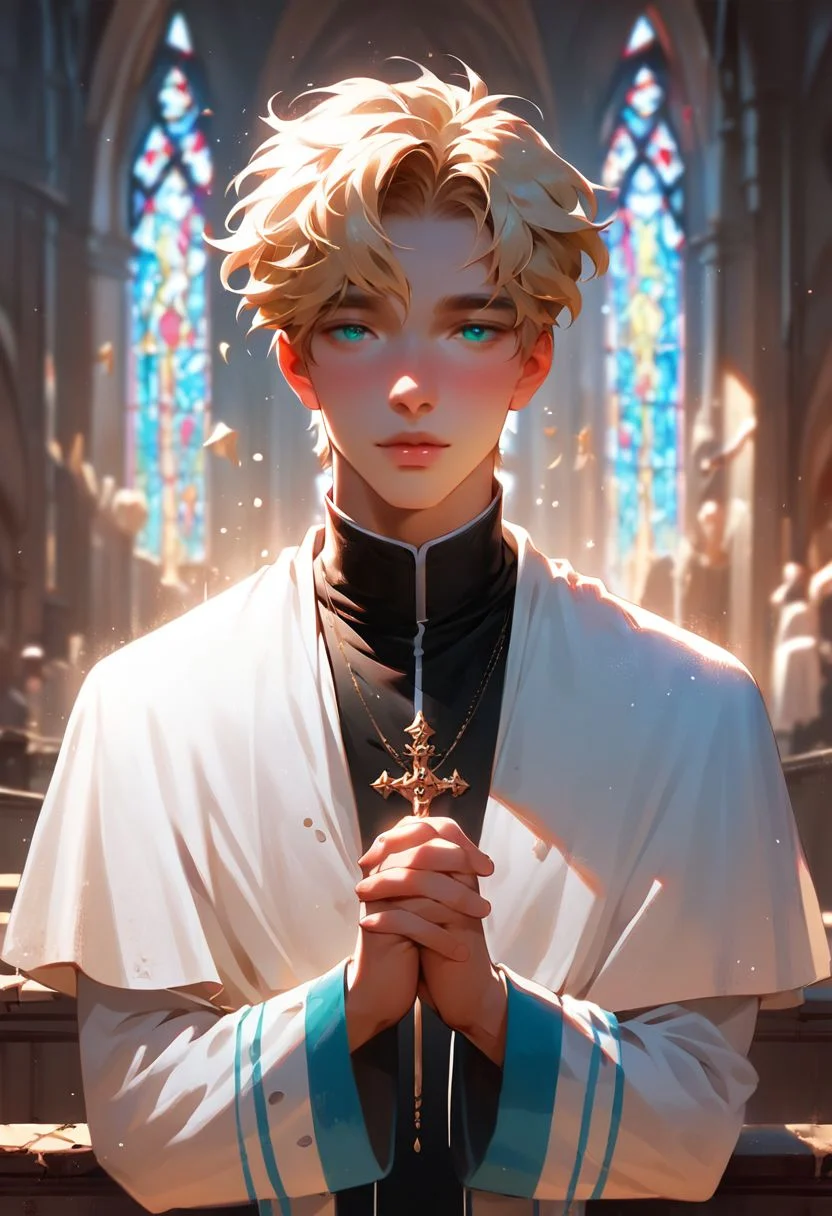 score_9, score_8_up, score_7_up, score_6_up, 1boy, male focus, priest, bishounen, blonde hair, aqua eyes, church, sitting, pew, hands clasped in prayer, cinematic, morning light, depth of field, stained glass