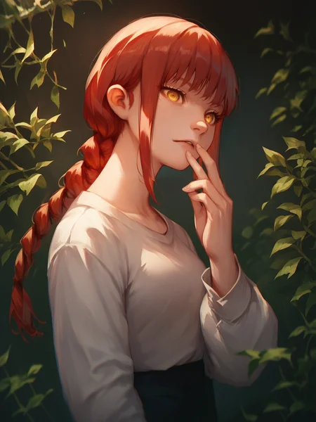 score_9, score_8_up, score_7_up, score_6_up, score_5_up, <lora:makimaXLP:1> makima, 1girl, yellow eyes, red hair, braided ponytail, source_anime