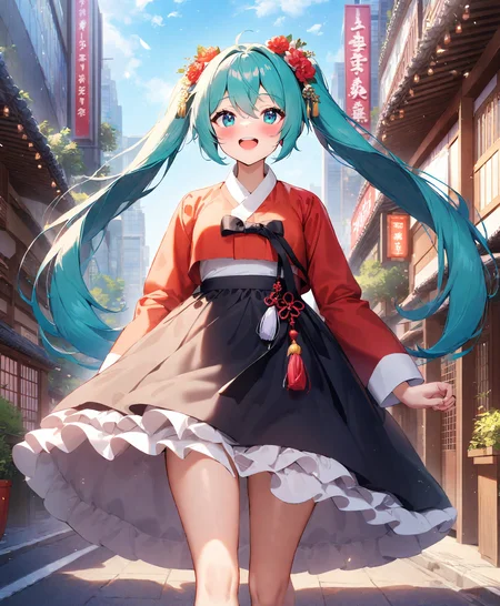 1girl, hatsune miku, vocaloid,
(hanbok), (extremely detailed hanbok), (layred hanbok skirt, frilled petticoat:1.2), (sarashi:-1),
walking, smile, blush,
outdoor, tokyo street, skyscraper buildings, neon sign,
masterpiece, best quality, very aesthetic, safe,
<lora:neg4all_bdsqlsz_xl_V91:1.0> <lora:Hnbk_Anmgn31_AB1:0.8>