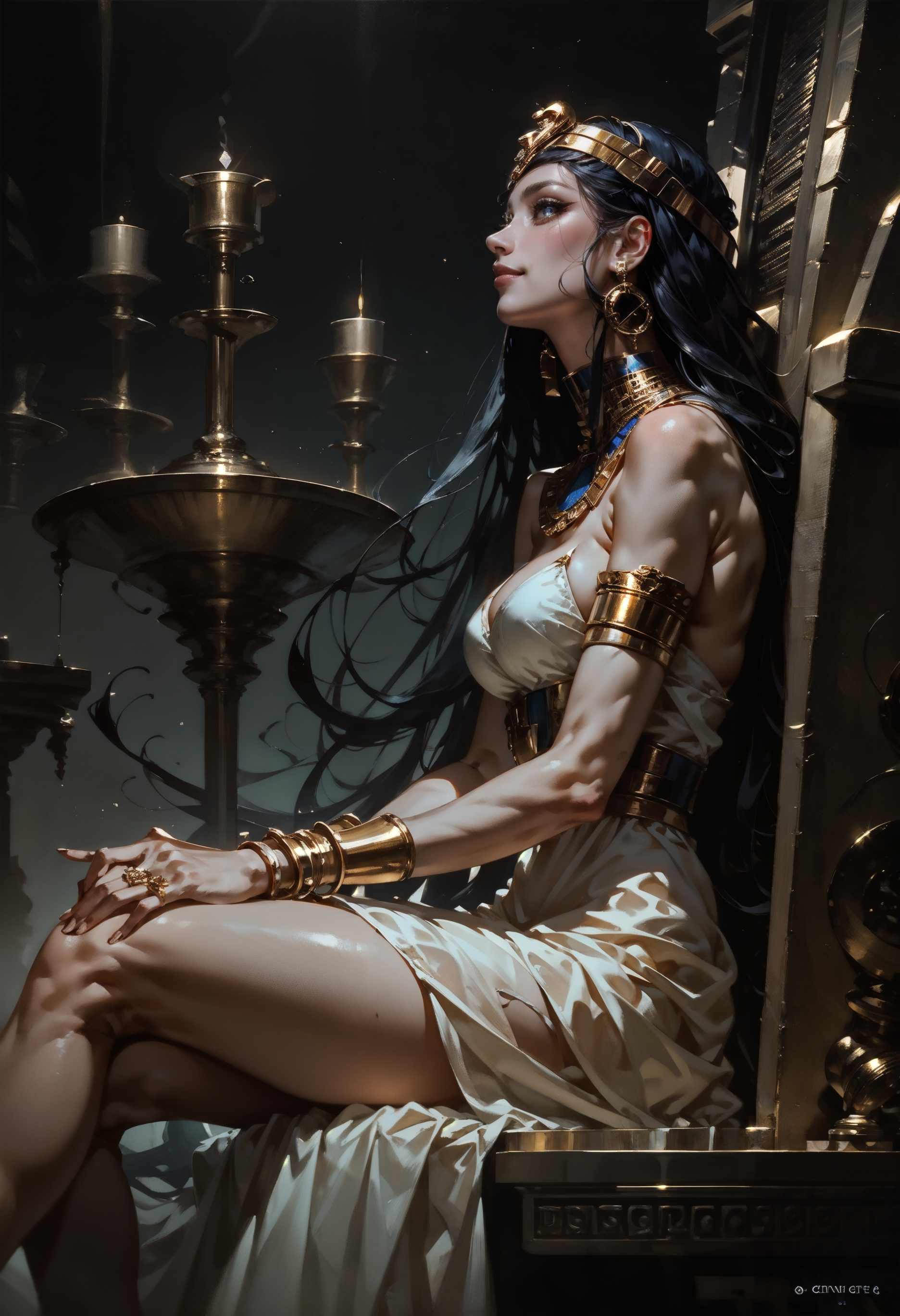 score_9, score_8_up, score_7_up,  side view, (solo), Cleopatra, Egyptian, goddess, pharaoh, sitting on a golden throne, white dress, air of superiority, condescending look, marble columns, silks, very long hair, thick hair, 1girl, delicate and smooth skin, blush, perfect body, thighs, highly detailed, glossy lips,    <lora:Concept Art DarkSide Style LoRA_Pony XL v6:0.8> concept art, <lora:GwentStyle_v2:0.6> gwentstyle  <lora:Expressive_H-000001:0.8> expressiveh <lora:GRIM_v1:0.8> horror (theme)