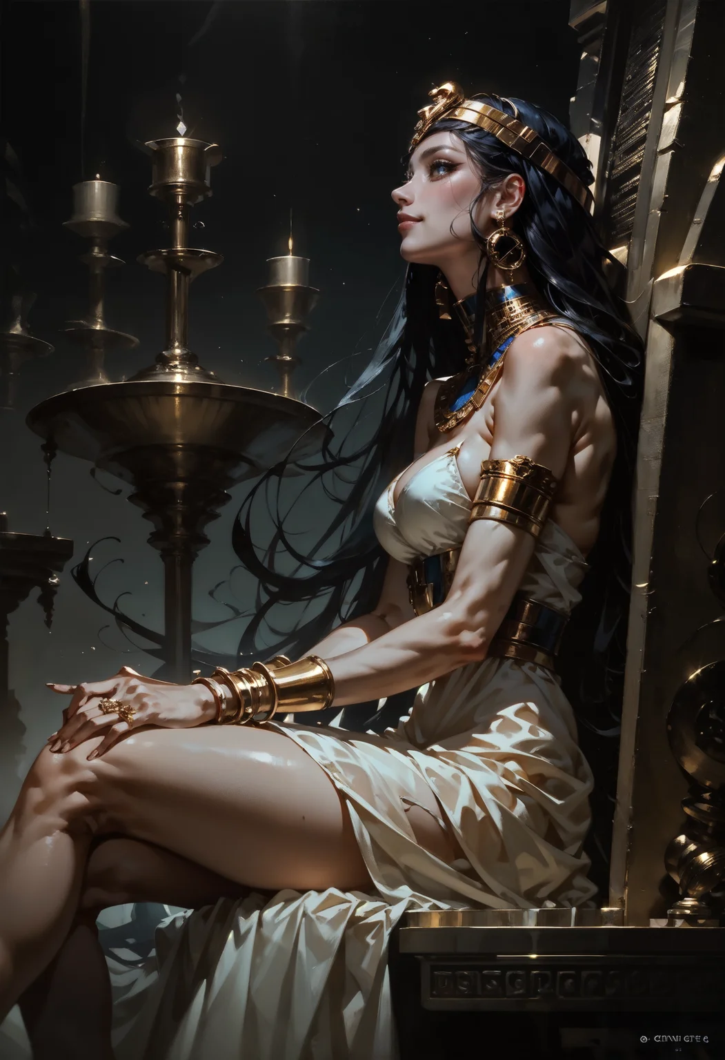score_9, score_8_up, score_7_up, side view, (solo), Cleopatra, Egyptian, goddess, pharaoh, sitting on a golden throne, white dress, air of superiority, condescending look, marble columns, silks, very long hair, thick hair, 1girl, delicate and smooth skin, blush, perfect body, thighs, highly detailed, glossy lips, <lora:Concept Art DarkSide Style LoRA_Pony XL v6:0.8> concept art, <lora:GwentStyle_v2:0.6> gwentstyle <lora:Expressive_H-000001:0.8> expressiveh <lora:GRIM_v1:0.8> horror (theme)