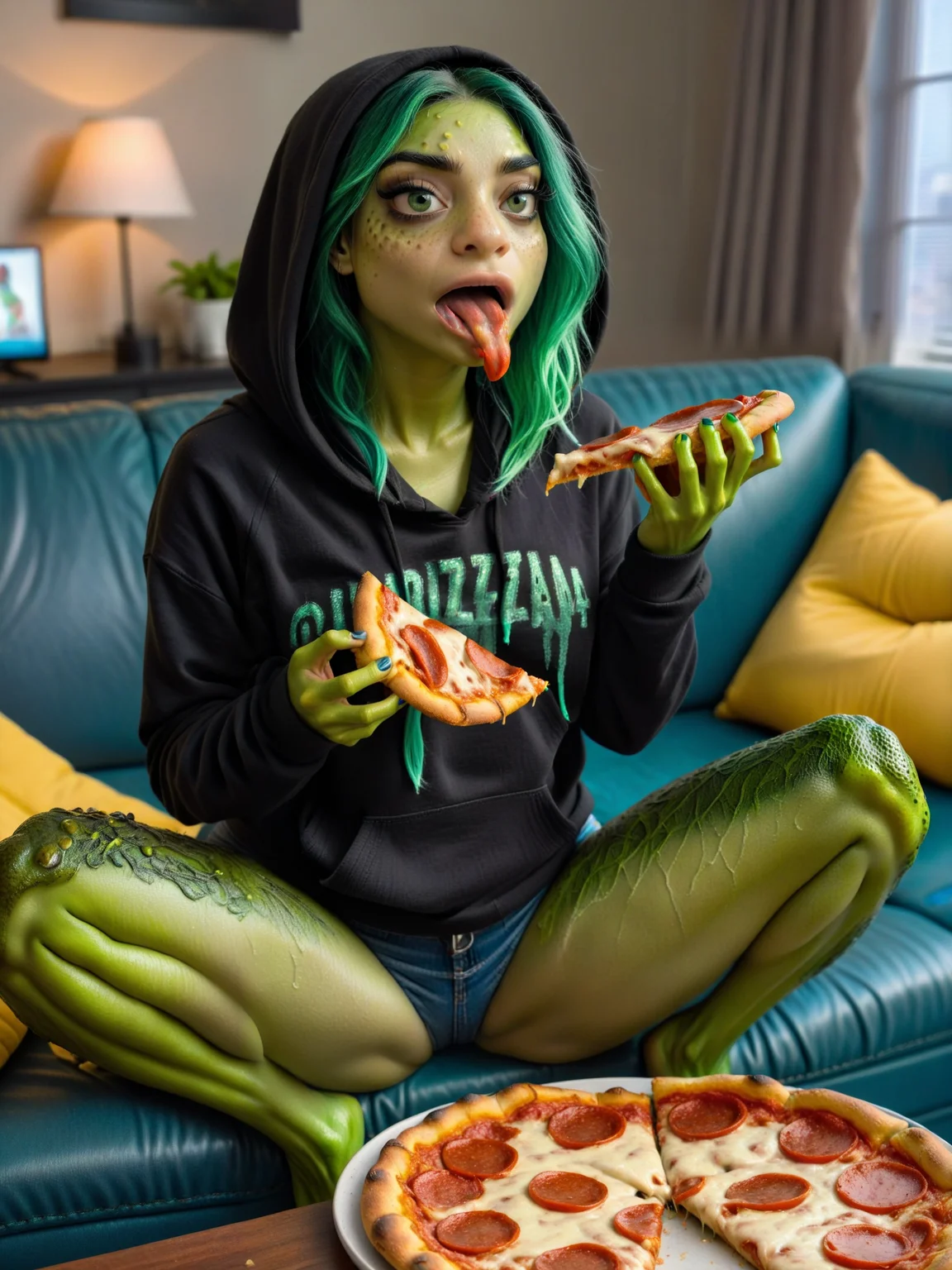 <lora:frog-v3_adam-cosine_16x8-4x1-000003:1.4>
a realistic photograph of a fr0g woman with a beautiful face
and green hair and frog skin
wearing a black hoodie and blue jeans
sitting on a couch eating pizza and watching tv, 8k, highly detailed, ultra realistic