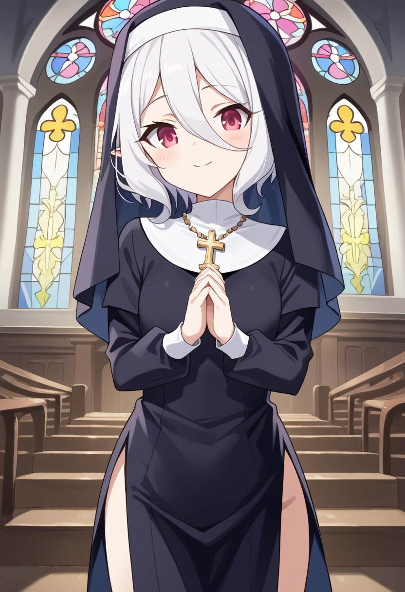 (score_9:0.9),score_8_up,score_7_up,rating_safe,anime style,(zPDXL),masterpiece, anime coloring) rating_safe, anime style, anime_screencap, source_anime,
BREAK source_anime, anime, best quality, masterpiece, rating_safe, uncensored, High quality, 8k, Ultra, 
BREAK (indoors,church, stained glass, cross),
BREAK 1girl, solo, Kokkoro_(Princess_Connect!), red eyes, white hair, short hair, antenna hair, elf, pointy ears, flat chest,
nun dress,white flower-like hat, cross necklace,
BREAK ((cowboy shot)),(((from front))), 
petite body,(small breasts:1.2), 
looking at viewer,smile,praying,