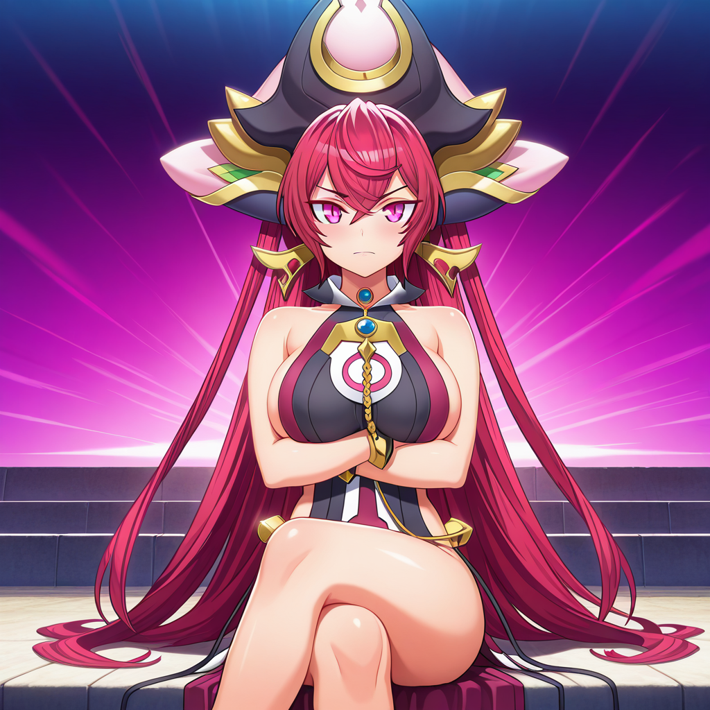 best quality, amazing quality, absurdres, uncensored, detailed eyes, perfect eyes, extremely detailed CG, extremely detailed face, perfect face, detailed Lora, best quality, anime, masterpiece, beautiful eyes, beautiful face, high resolution, distinct image, 4k, 8k, high_resolution, high, super, hyper, perfect_finger, distinct_image BREAK  <lora:Aku_no_Onna_Kanbu_Lunarverse13th_IL:1>Lunarverse13th_ad, 1girl, solo, red hair, long hair, mature female, pink eyes, large breasts, ornate headdress, jewelry, sideboob, bare shoulders, asymmetrical clothes, sleeveless, looking at viewer, sitting, legs crossed, arms crossed under breasts