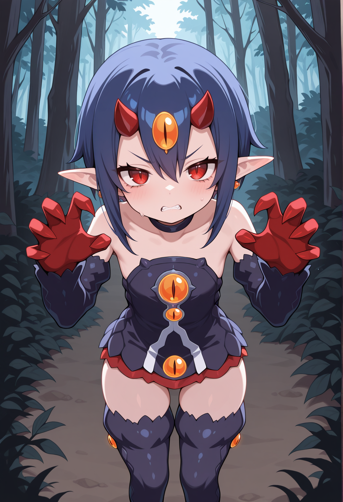 1girl, monster girl, short hair, blue hair, red eyes, horns, forehead jewel, slit pupils, pointy ears, short dress, detached sleeves, claws, thigh boots, angry, claw pose, outdoors, forest, looking at viewer,   <lora:desco_disgaea:1>, masterpiece, best quality, amazing quality, very aesthetic, absurdres, highres, newest