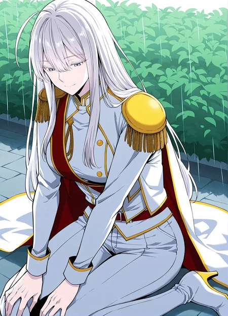 <lora:Varay_Aurae__The_Beginning_After_The_End__Illustrious:1>
1 girl, solo, grey eyes, white hair, long hair, bangs, pale skin, hair between eyes, ahoge,
military uniform, white cape, epaulettes, jewelry, white pants, long sleeves, white thigh boots, thighhighs, high heels, belt, white jacket, red sash,
score_9, score_8_up, score_7_up, very aesthetic, source_anime, detailed, high quality, beautiful, detailed eyes, masterpiece, best quality, absurdres, perfect anatomy, 1girl, solo, wariza, sitting, hands on own knees, garden background, charming smile, rain