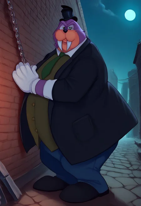 score_9, score_8_up, score_7_up, <lora:Honestjohngusherpony1.0:0.5> honest john gusher as a walrus, fat, overweight, walrus tusks, squinting eyes, smile, solo, 1boy, rotund, furry male, Rotor the walrus as mr walrus, with large mustache, <lora:MrWalrus_PXL_Leaf1:1>, green eyes, fangs, furry,  furry anthro, alley, posing, clothed, walrus, fat, overweight, walrus tusks, squinting eyes, smile, solo, 1boy, male focus, <lora:pony_monocles-step00000800:1>,(monocle),round eyewear, top hat,, suit, gloves, furry male, mustache, necktie, a robber-baron wearing a monocle on a chain on his left eye, top hat, white shirt, black vest from 1900 holding a pocketwatch, standing
BREAK
city, ruins, back alley, outside, night, moon, stars, ambient light,