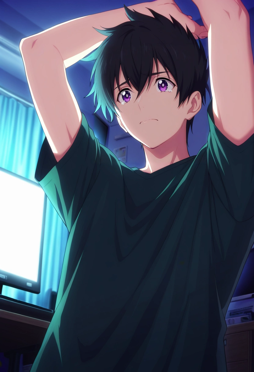 masterpiece, best quality, , (realistic:0.6),, 1boy, solo, male focus, <lora:ryuunosuke_minakata_ilxl:0.94>, ryuunosuke_minakata, black hair, purple eyes, short hair, bangs, hair between eyes, from below, bedroom, computer monitor, indoors, light, arms up, tearing up,