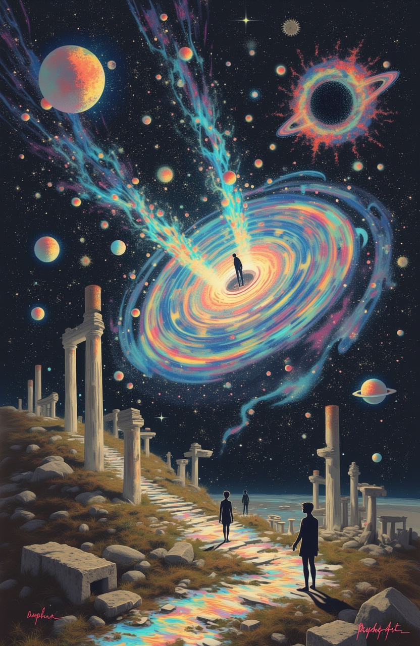 psycho_4rt: A surreal depiction of a vast galaxy spiraling in infinite space, filled with floating celestial bodies, fragments of ancient ruins, and faint outlines of unknown figures intertwined with the stars.